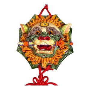 Colorful Asian Dragon Foo Dog Head Pottery Wall Hang Figurine Tassel Vintage